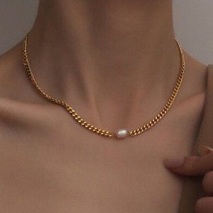 NEW 18K Gold Plated Chunky Chain Pearl Necklace